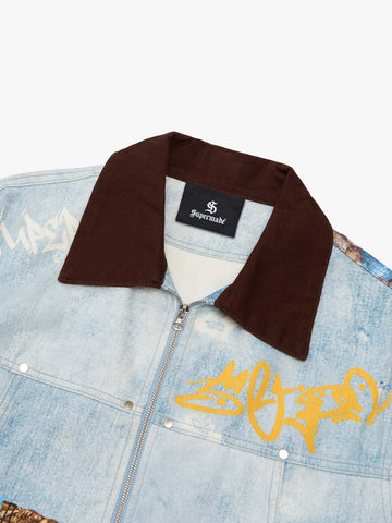 Artistic Patches Graphic  Distressed Denim Jacket - 2573 