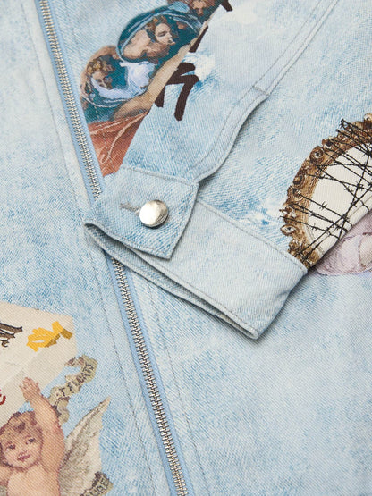 Artistic Patches Graphic  Distressed Denim Jacket - 2573 