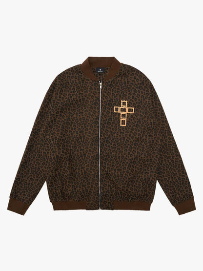 Cross Frame Leopard Print Baseball Jacket - 2572 