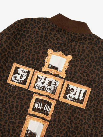 Cross Frame Leopard Print Baseball Jacket - 2572 