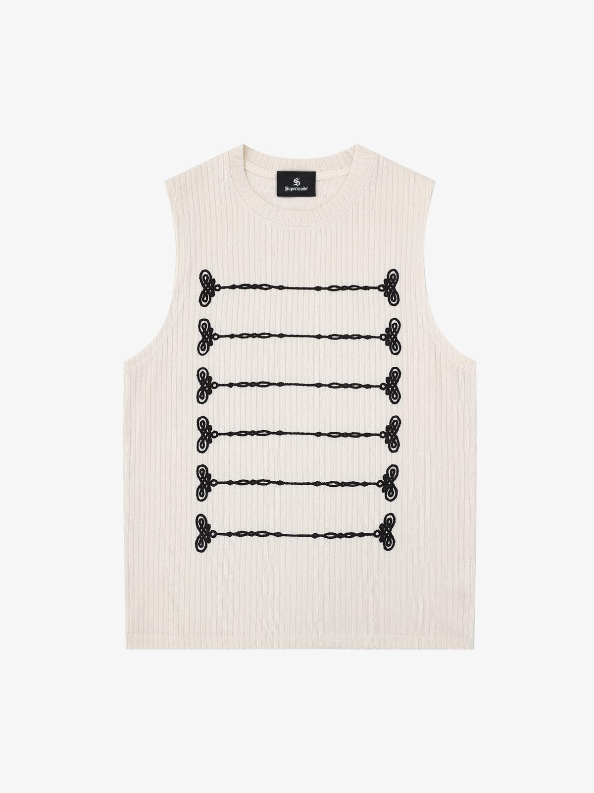 Black Knit Sleeveless Vest with Contrast Frog Closure Detail – Streetwear Tank Top