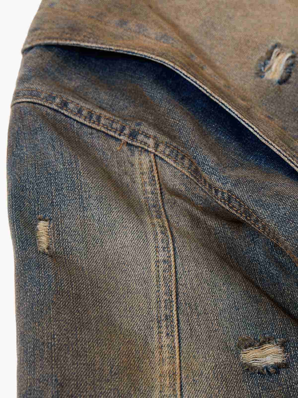 Vintage Washed Distressed Denim Zip Up Jacket 