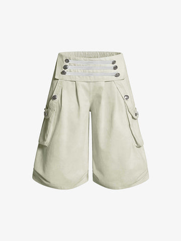 Military Cargo Wide-Leg Shorts – Multi-Button Utility Design