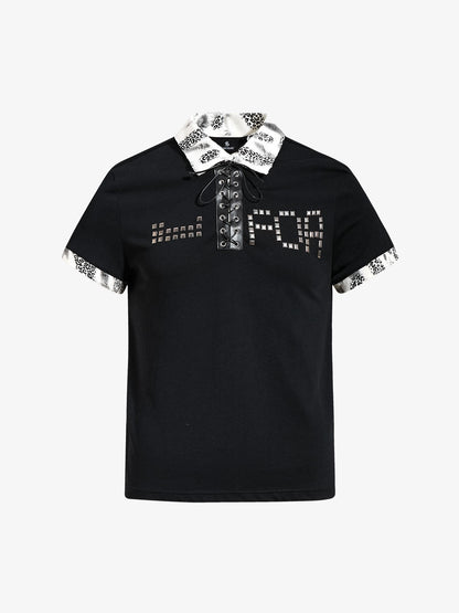 Cotton Polo Shirt with Leopard Print Collar & Cuff Detail