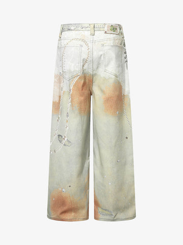 Street Tie-Dye Distressed Chain Detail 3D Printed Jeans 
