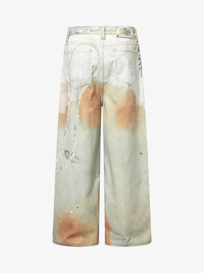 Street Tie-Dye Distressed Chain Detail 3D Printed Jeans 