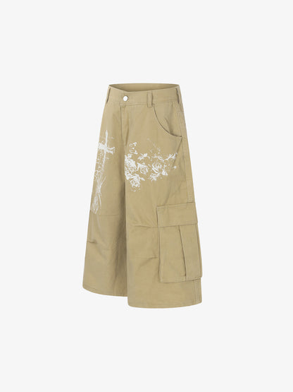 Gothic Cross Graphic Cargo Shorts 