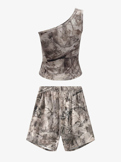 Camouflage Print Lightweight Shorts – Elastic Waist Drawstring Utility Shorts