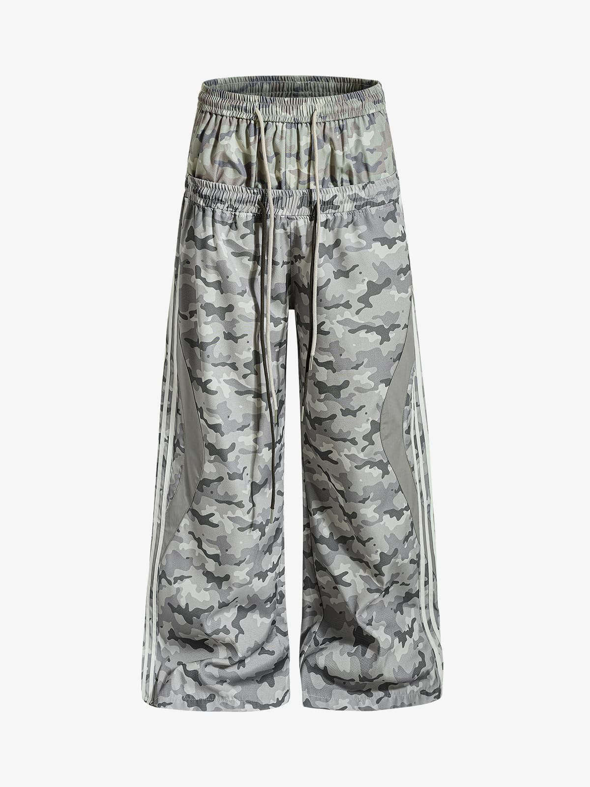 Double Waistband Elastic Waist Camo Side Panel Wide Leg Pants 