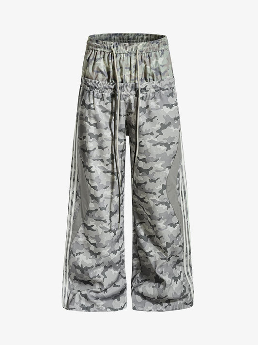 Double Waistband Elastic Waist Camo Side Panel Wide Leg Pants 