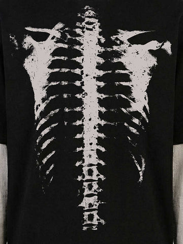 Waffle Knit Skeleton Graphic Layered T-Shirt 