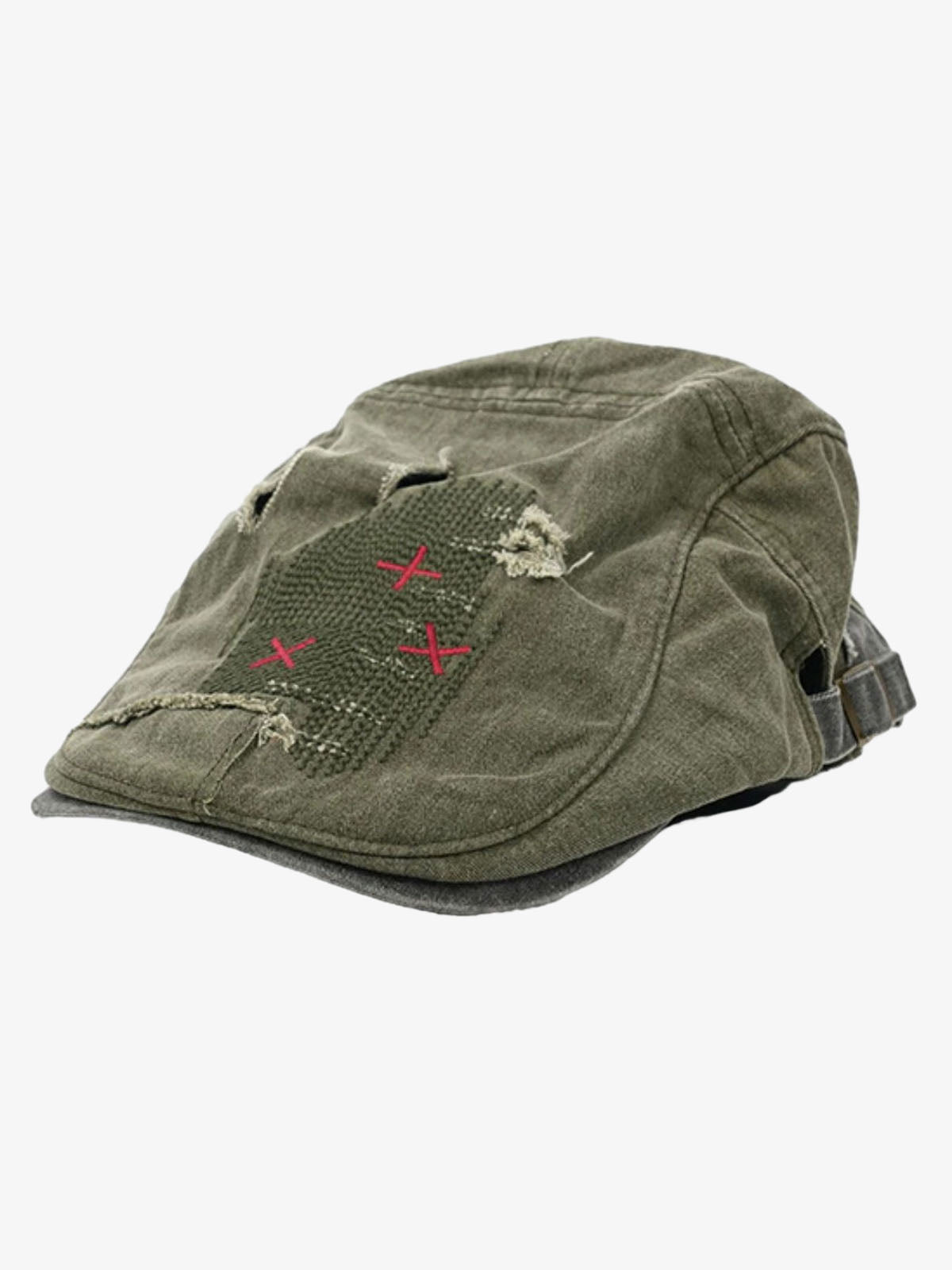 Distressed Patchwork Embroidered Cotton Flat Cap 