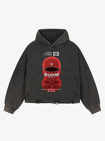 Retro Bandit Hat Graphic Distressed Cropped Hoodie 