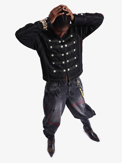 Vintage Militär-Jeansjacke mit silbernen Knöpfen
