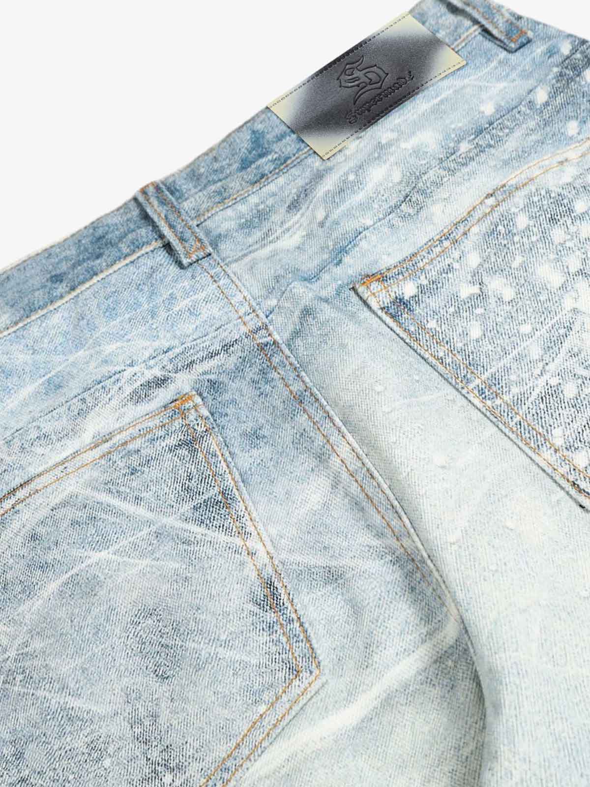 Vintage Washed Rhinestone Wide Leg Denim Jeans 