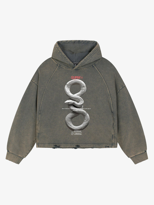 Vintage Washed Snake Appliqué Pullover Hoodie 