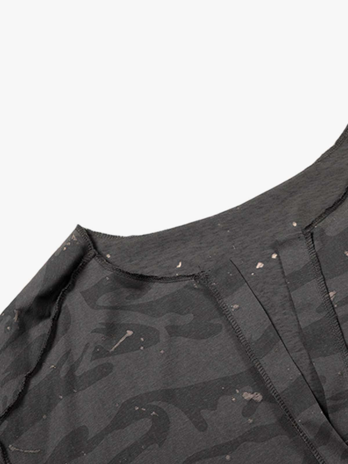 Distressed Camo Paint Splatter V-Neck Henley T-Shirt 