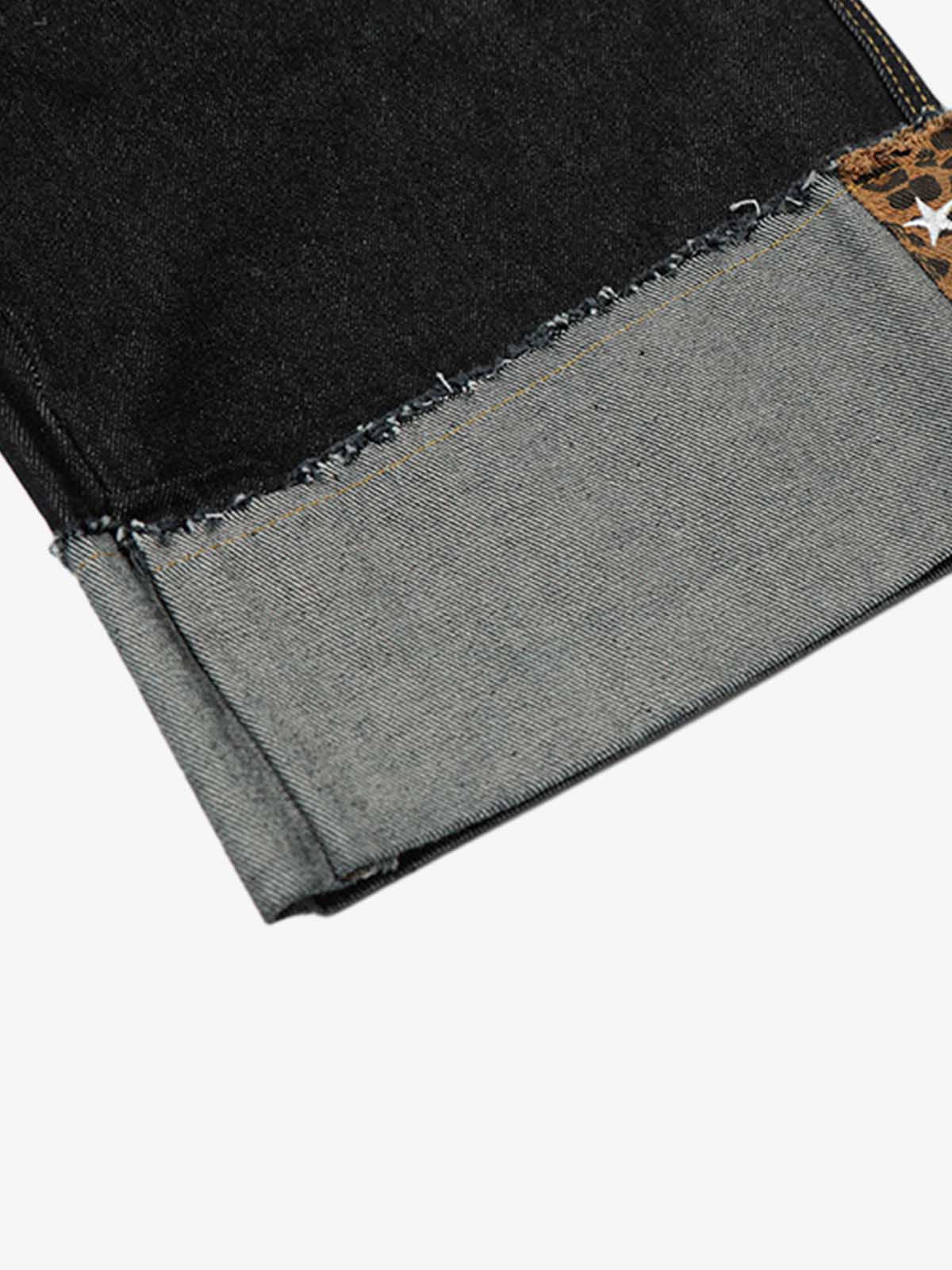 Leopard Print Trim Washed Jeans 