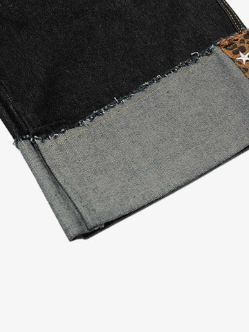 Leopard Print Trim Washed Jeans 