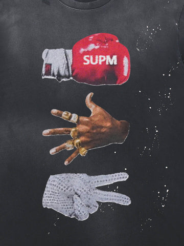 Black Distressed Graphic Tee with Boxing Glove Print – Oversized Streetwear T-Shirt