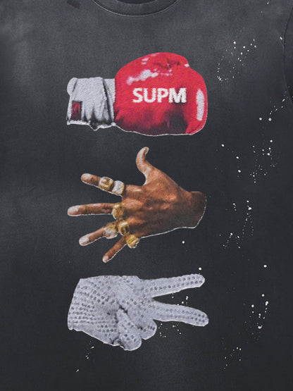 Black Distressed Graphic Tee with Boxing Glove Print – Oversized Streetwear T-Shirt