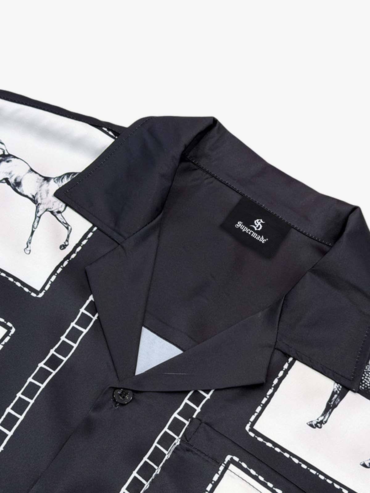 Vintage Horse Photo Satin Camp Collar Boxy Shirt 