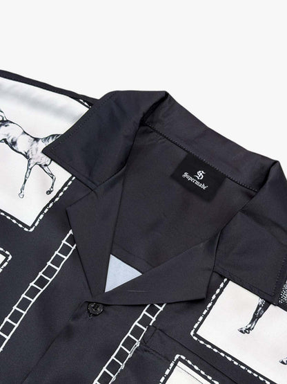 Vintage Horse Photo Satin Camp Collar Boxy Shirt 