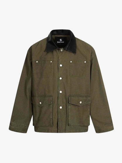Clean Cut Leather Contrast Collar Pocket Jacket 