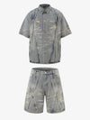 Washed Black Branch Print Deconstructed Denim Set 