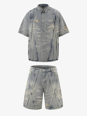 Washed Black Branch Print Deconstructed Denim Set 