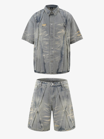 Washed Black Branch Print Deconstructed Denim Set 