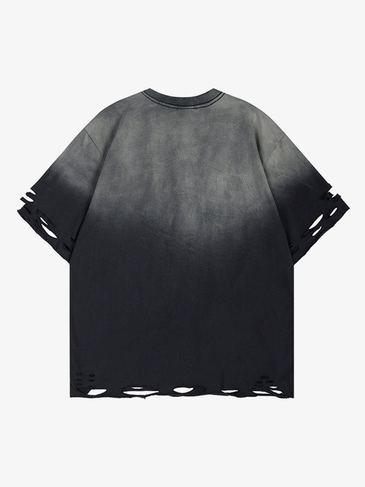 T-Shirt mit Farbverlauf, gewaschenem Rissmuster und Grafik
