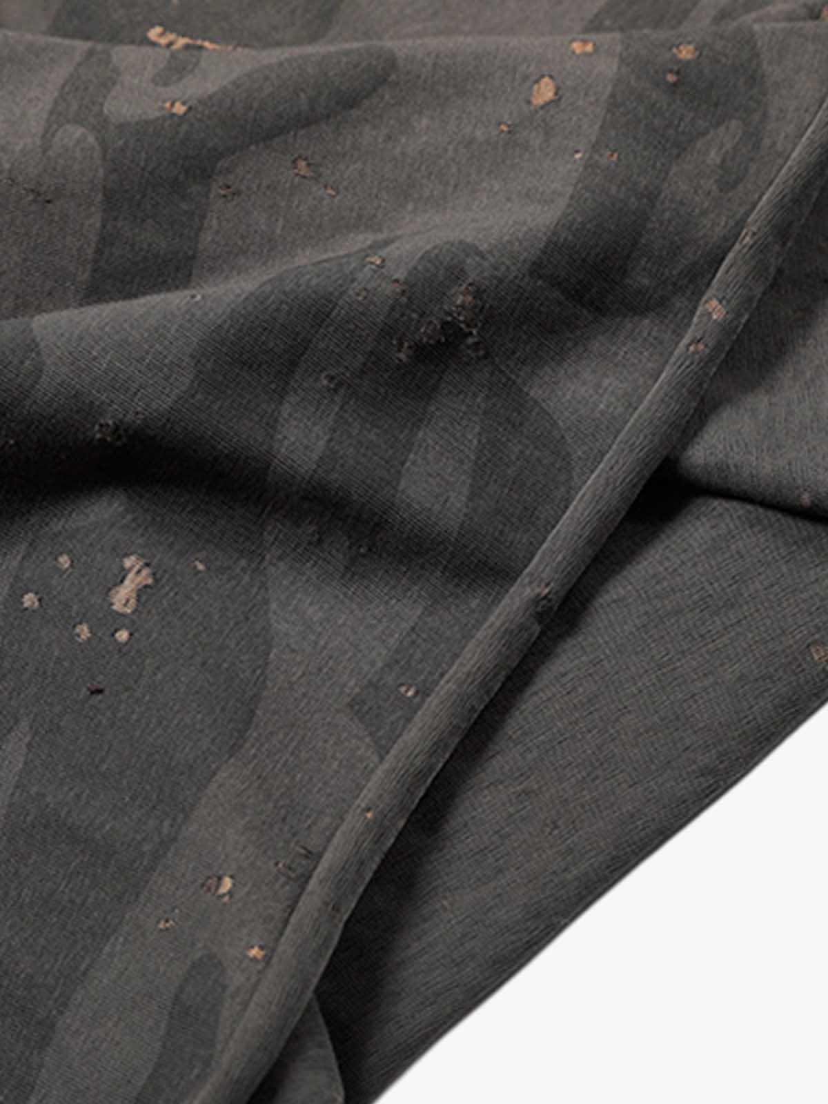 Distressed Camo Paint Splatter V-Neck Henley T-Shirt 