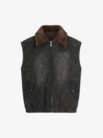 Vintage Leopard Print Fleece Zip Up Vest 