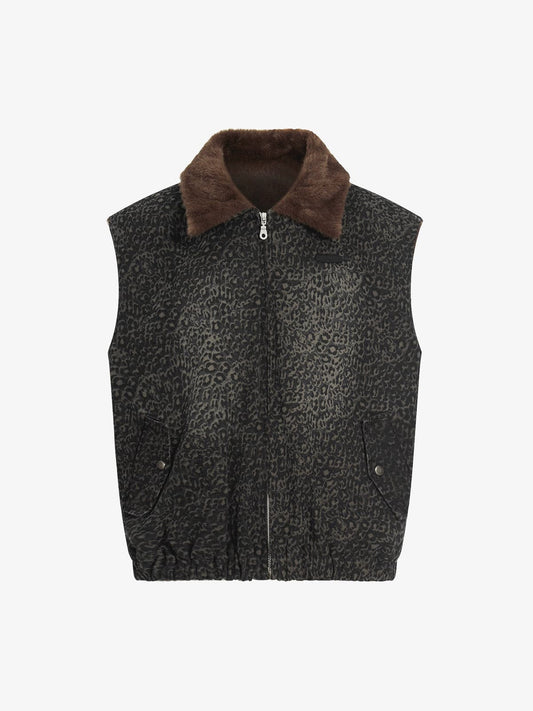 Vintage Leopard Print Fleece Zip Up Vest 