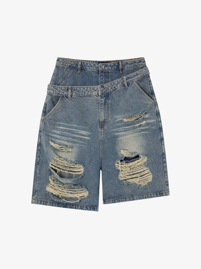 Jeansshorts mit doppeltem Bund und Rissen