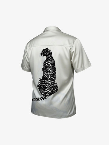 Double Cheetah Graphic Satin Camp Collar Boxy Shirt 