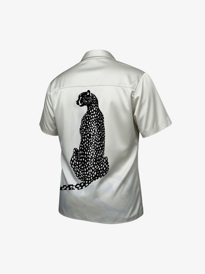 Double Cheetah Graphic Satin Camp Collar Boxy Shirt 