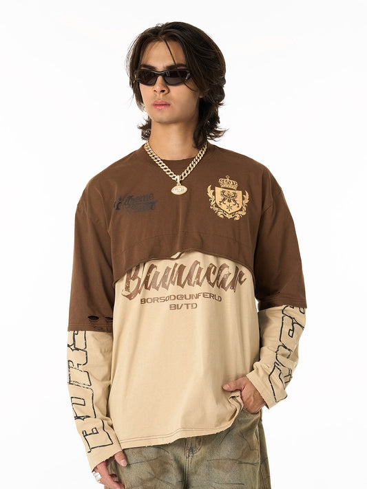 Retro Fake Two-Piece Patchwork College Badge Long Sleeve T-Shirt 