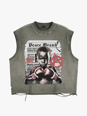 Distressed Olive Crop Top with Boxing Graphic Print – Grommet Detail Streetwear Tank