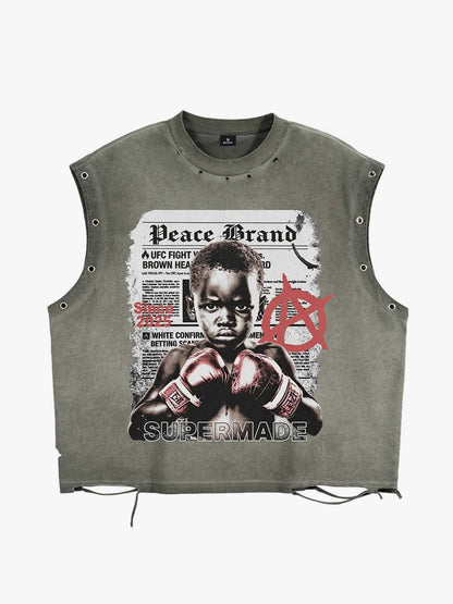 Distressed Olive Crop Top with Boxing Graphic Print – Grommet Detail Streetwear Tank