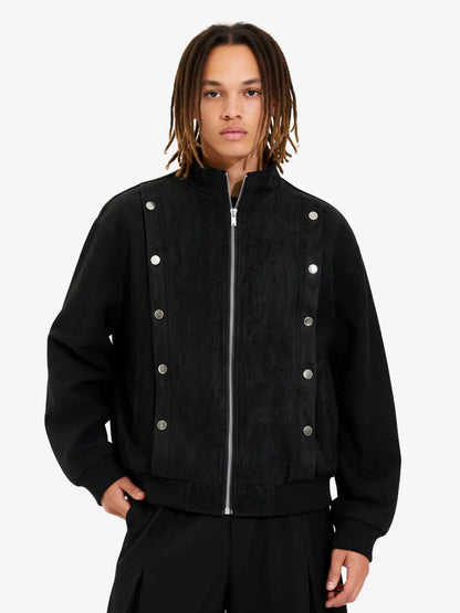 Vintage Stand Collar Metal Button-Structured Bomber Jacket 