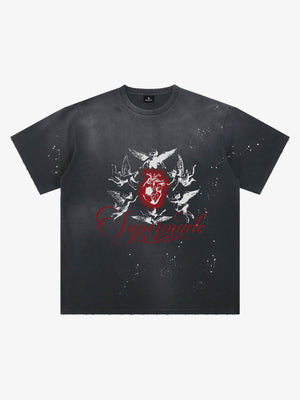 Distressed T-shirt With Ink Splatter Pattern Protecting The Heart Of Football 