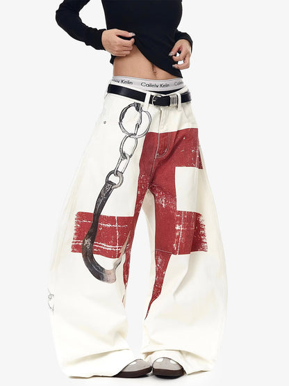 Supermade Retro Distressed Print Heavyweight Canvas Baggy Pants 