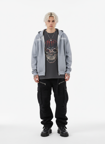 Vintage Suede Letter Embroidered Cropped Zip Up Hoodie 