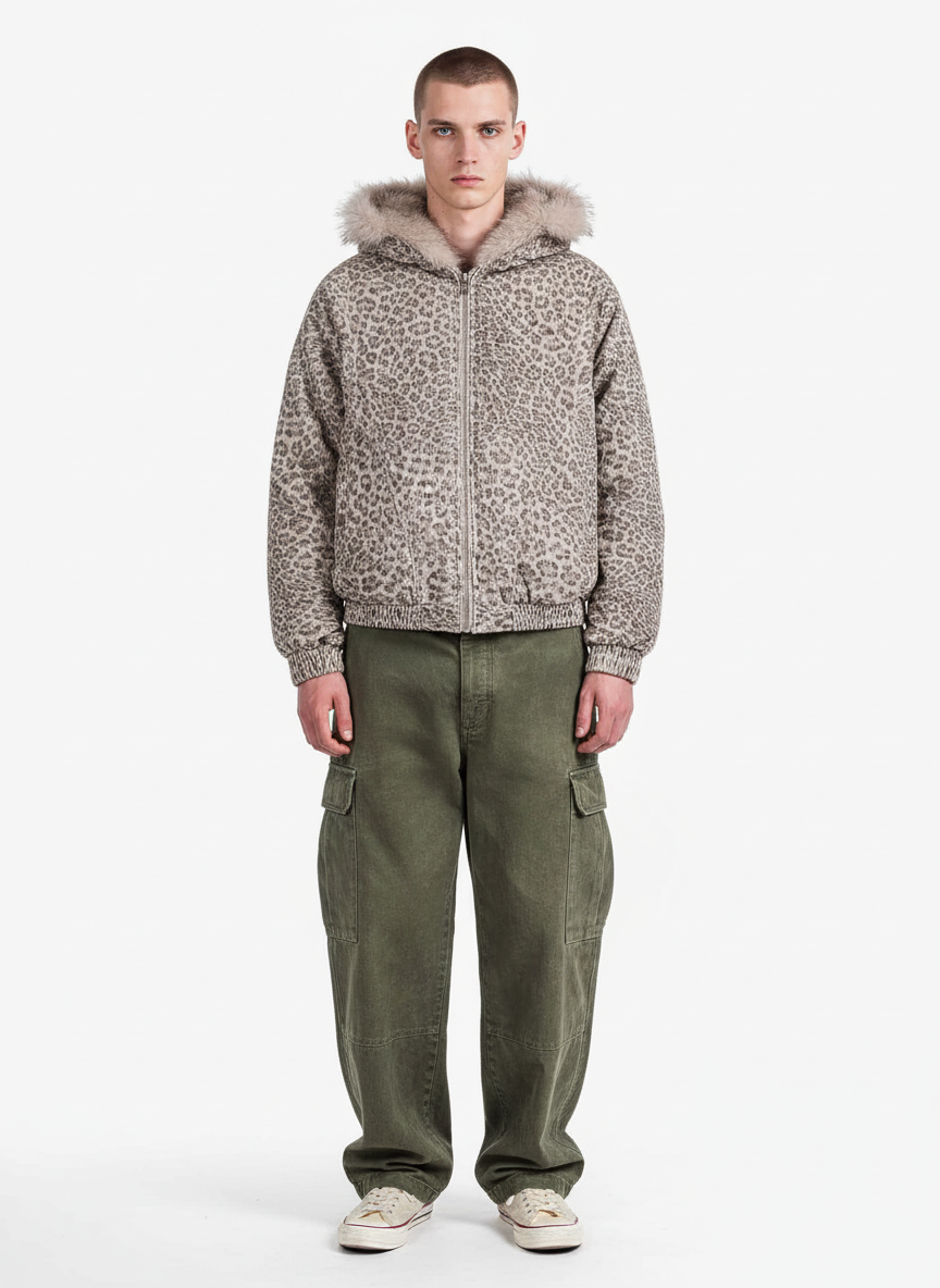 Cotton Cheetah Print Mink Fur Hooded Jacket - 2270 