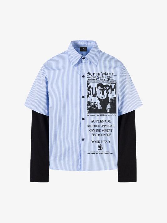 Vintage Illustration Striped Faux Two-Piece Shirt 