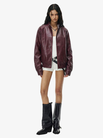 Retro Leather Stand-Collar Elastic Hem Jacket 