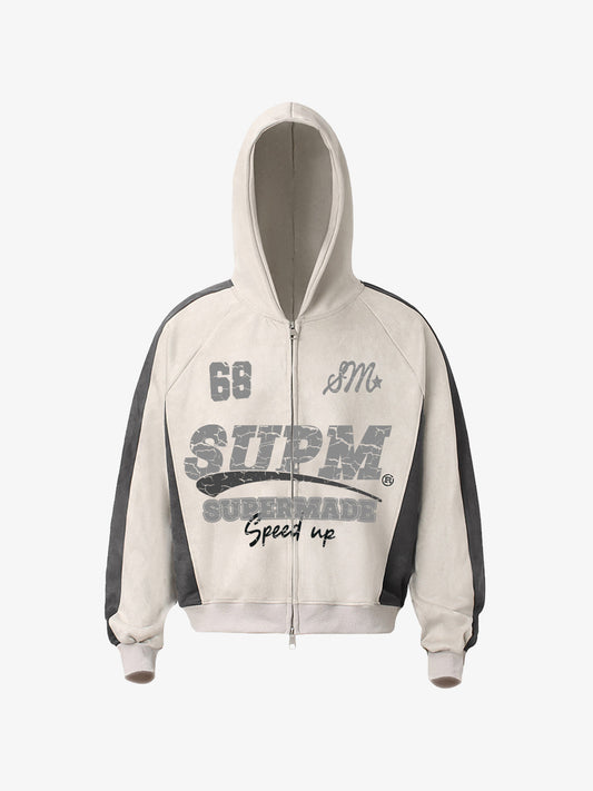 Suede Foam Letter Patchwork Zipper Shorts Jacket 