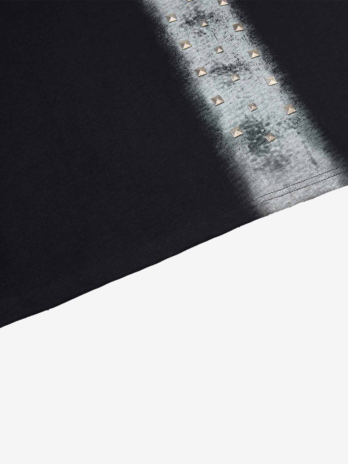 Black Cotton T-Shirt with Silver Studs and Bleach Spray Graphic